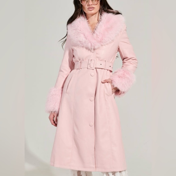 NWT AKIRA light Pink Fur-Trimmed belted faux leather trench Coat size M - Picture 2 of 7